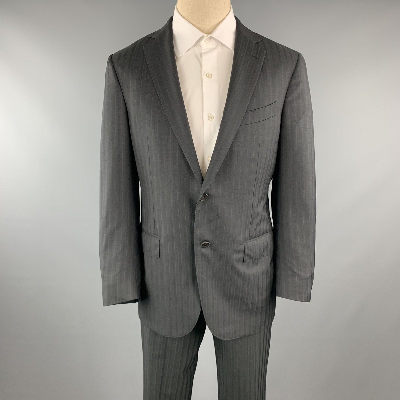 ERMENEGILDO ZEGNA Black Stripe Wool Notch Lapel 34 x 30 Suit