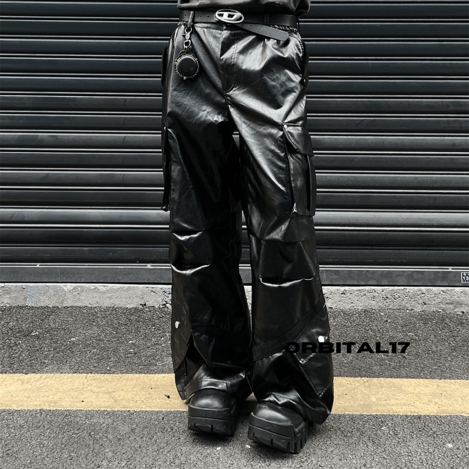 Leather Black Cargo Baggy Stacked Flare PU Leather Jeans Size US 32 / EU 48 - 5 Thumbnail