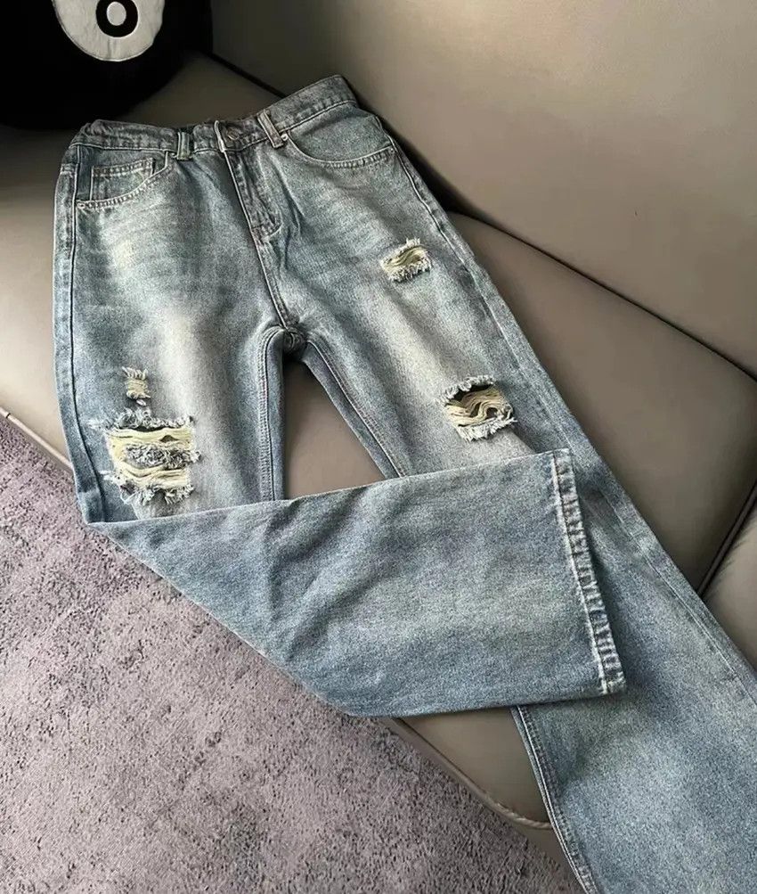 Designer × Japanese Brand Street wash ripped straight wide leg jeans Size US 34 / EU 50 - 5 Thumbnail