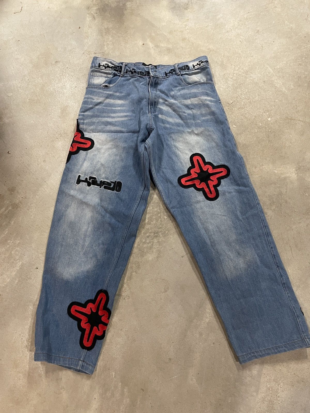 Other × Vintage Vintage Washed Denim Jeans - Red Patches Size US 35 - 1 Thumbnail