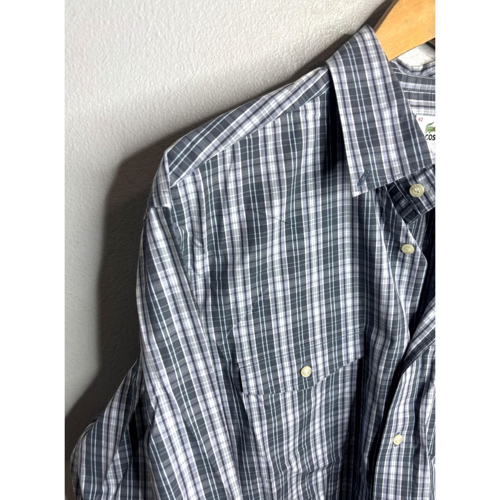 Lacoste Lacoste Shirt Mens 42 Blue Gray Plaid Long Sleeve Button Pocket Croc Logo Size US XL / EU 56 / 4 - 2 Thumbnail