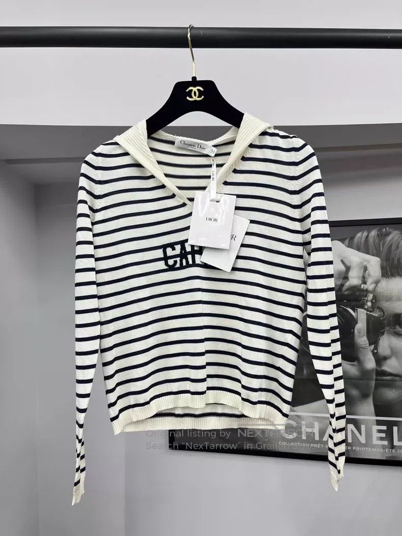 Dior Dior Navy collar striped knitwear sweater Size XXS / US 00 / IT 34 - 1 Thumbnail