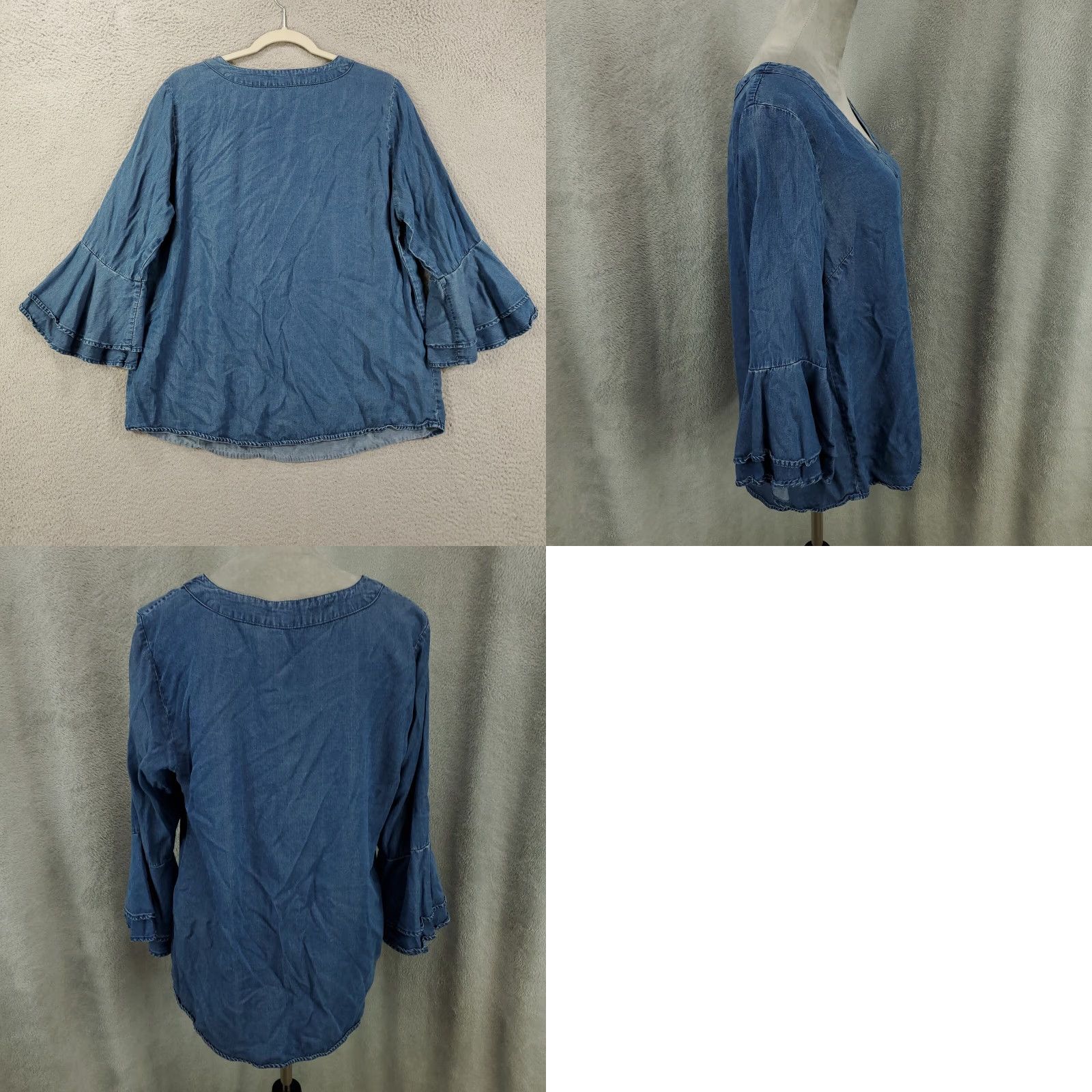 Vintage Womens Chambray Blouse XL Blue V-Neck Flutter Sleeve Top Boho Comfort Shirt Blouse Womens Bohemian Classic Size XL / US 12-14 / IT 48-50 - 8 Thumbnail