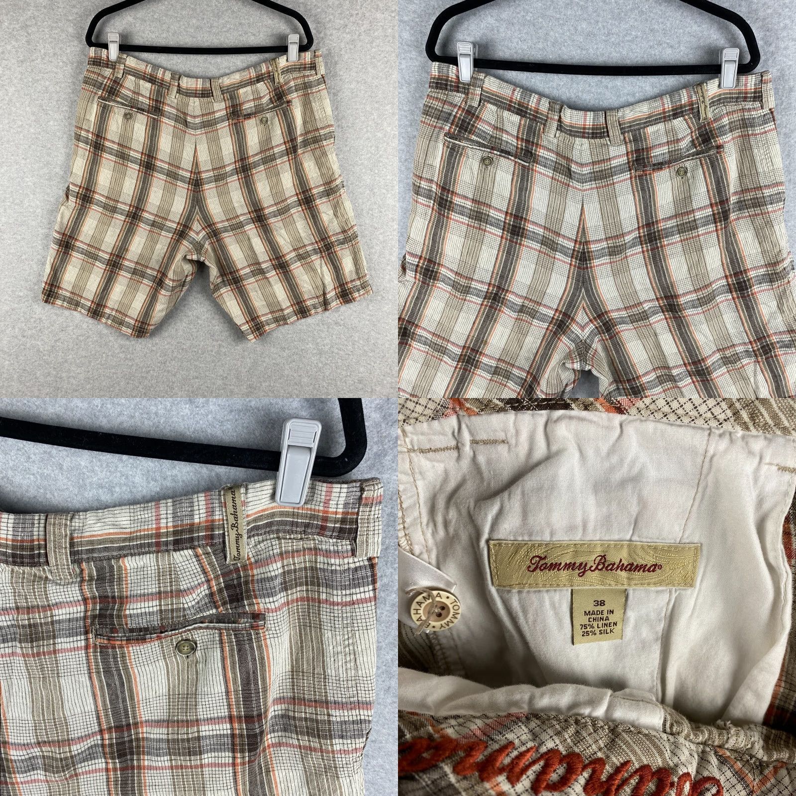 Tommy Bahama Tommy Bahama Shorts Mens 38 Brown Ivory Silk Linen Plaid Button Pocket Size US 38 / EU 54 - 8 Thumbnail