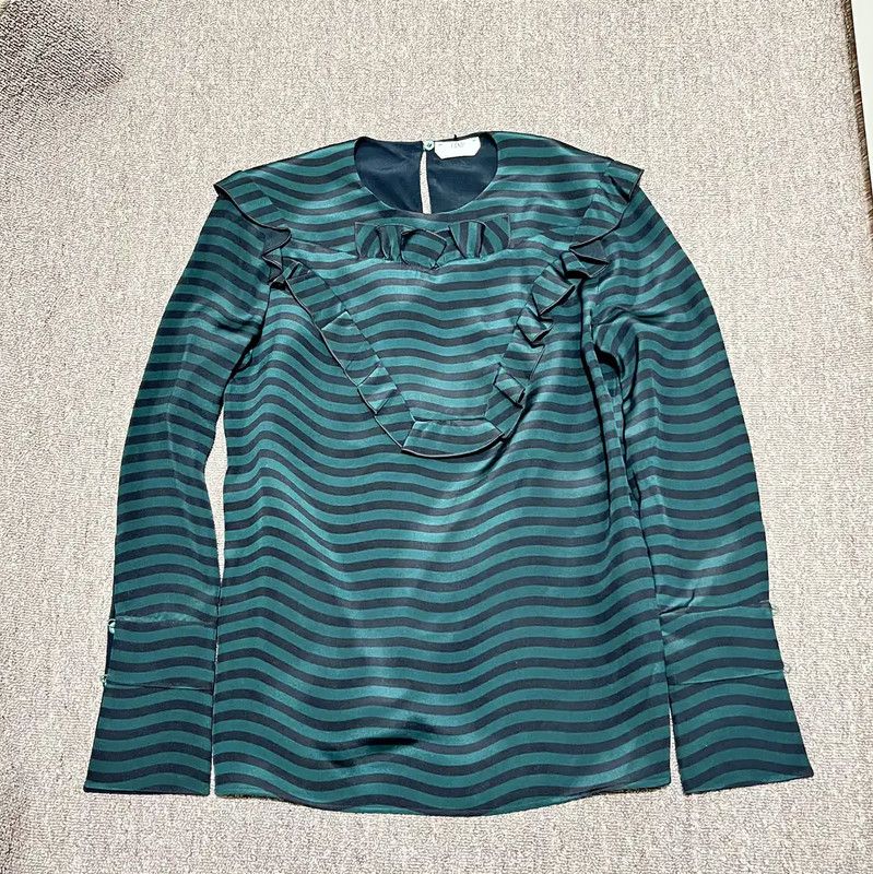 Fendi Fendi Green Striped Silk Ruffle Long Sleeve Top 0089 Size M / US 6-8 / IT 42-44 - 1 Thumbnail
