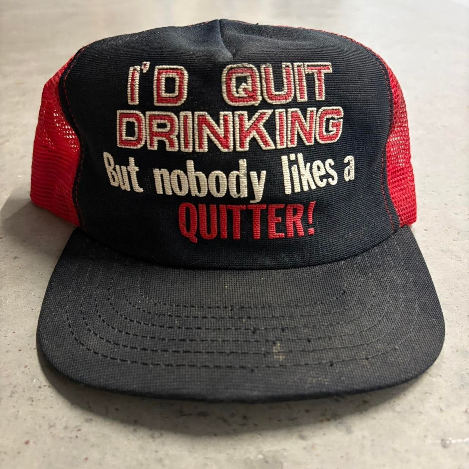 Japanese Brand × Vintage Crazy Vintage 80s I'd Quit Drinking Text Graphic Trucker Hat Size ONE SIZE - 2 Thumbnail