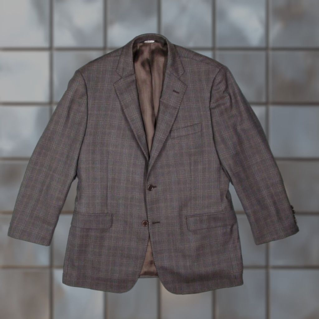 Saks Fifth Avenue Vintage Saks Fifth Avenue Ermenegildo Zegna Wool Check Suit Jacket Men 42 Brown Slim Fit Single-Breasted Blazer Size 42R - 1 Thumbnail