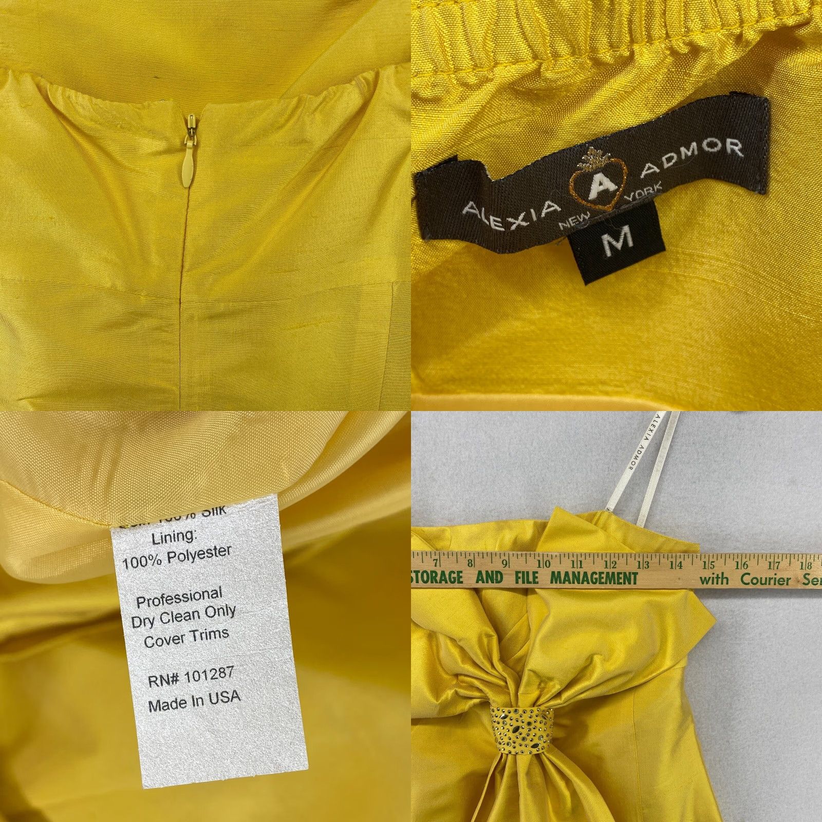 Alaxia Admor Silk Mini Dress M Strapless Bow Yellow Cocktail Party USA Womens