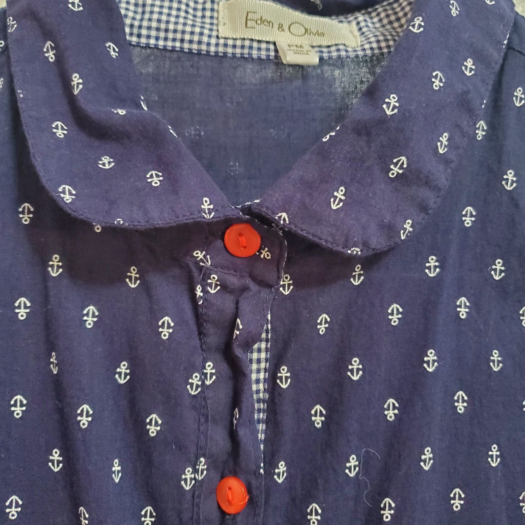 Vintage Eden & Olivia Button-Up Shirt Women PM Navy Blue Anchors Roll Tab Sleeve Casual Basic 100% Cotton Buttons Red Navy Nautical Size M / US 6-8 / IT 42-44 - 4 Thumbnail