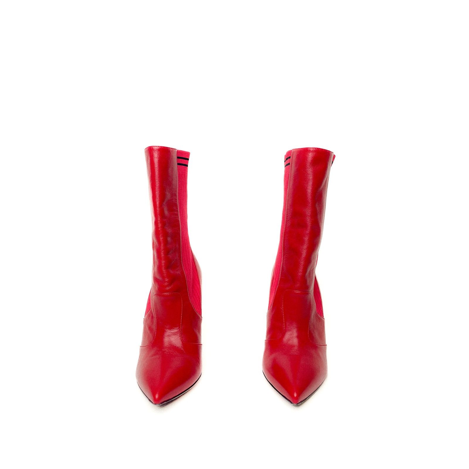 Fendi Red Leather And Knit Rockoko Ankle High Heel Boots Size US 8.5 / IT 38.5 - 2 Thumbnail