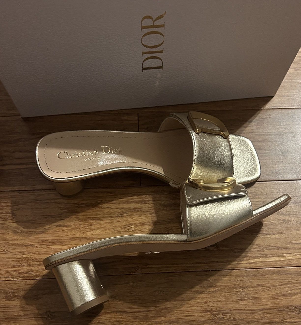 Dior DIOR OR C'EST DIOR HEELED SLIDE Gold-Tone Laminated Lambskin Size US 7 / IT 37 - 6 Thumbnail