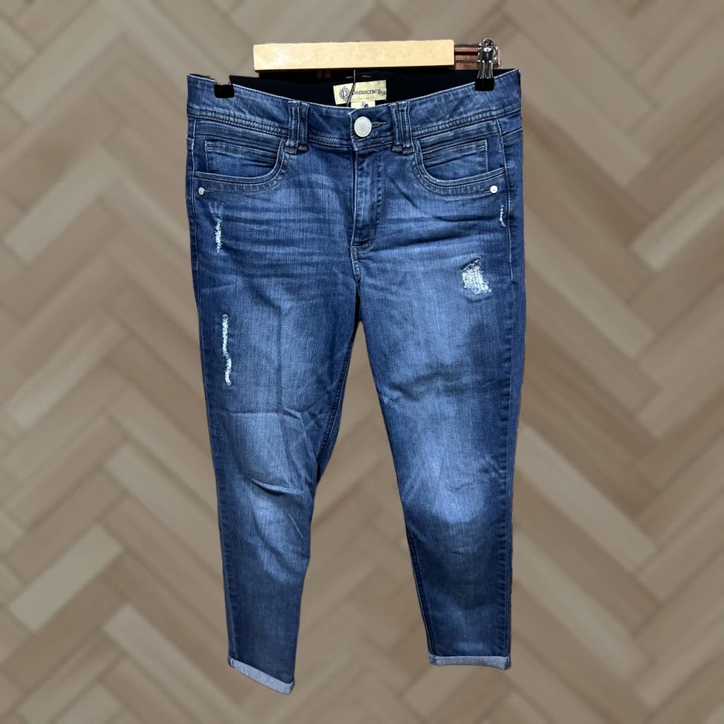 Vintage Democracy Jeans Womens Size 8 Denim Blue Distressed Bootcut Regular Rise Mid Inseam 27 in Logo Pocket Jeans Women Size 30" / US 8 / IT 44 - 1 Thumbnail