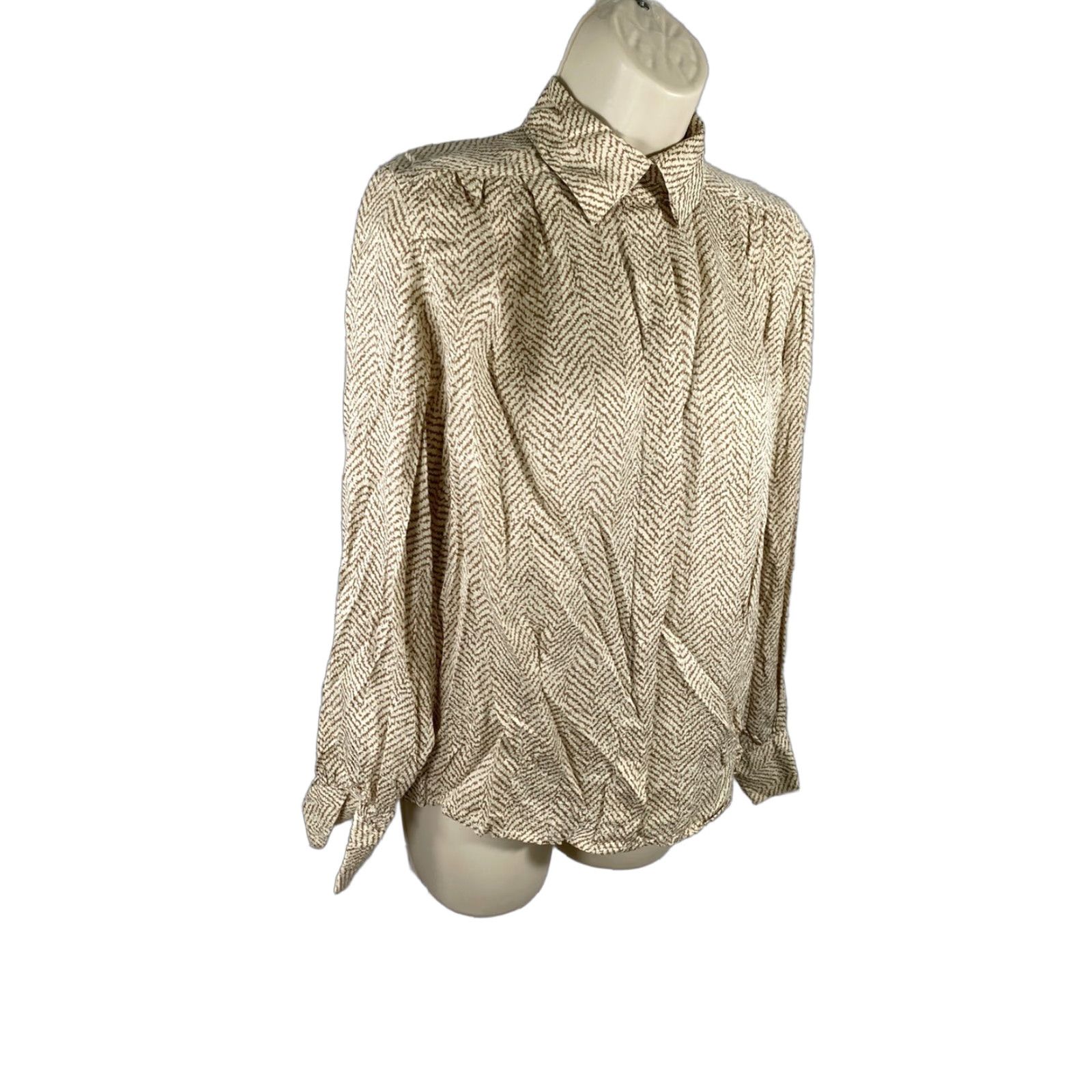 VINTAGE Oval Room Shirt Women's Button-Up 10 Long Sleeve High Neck Silk Multicolor Brown White Classic/Fitted