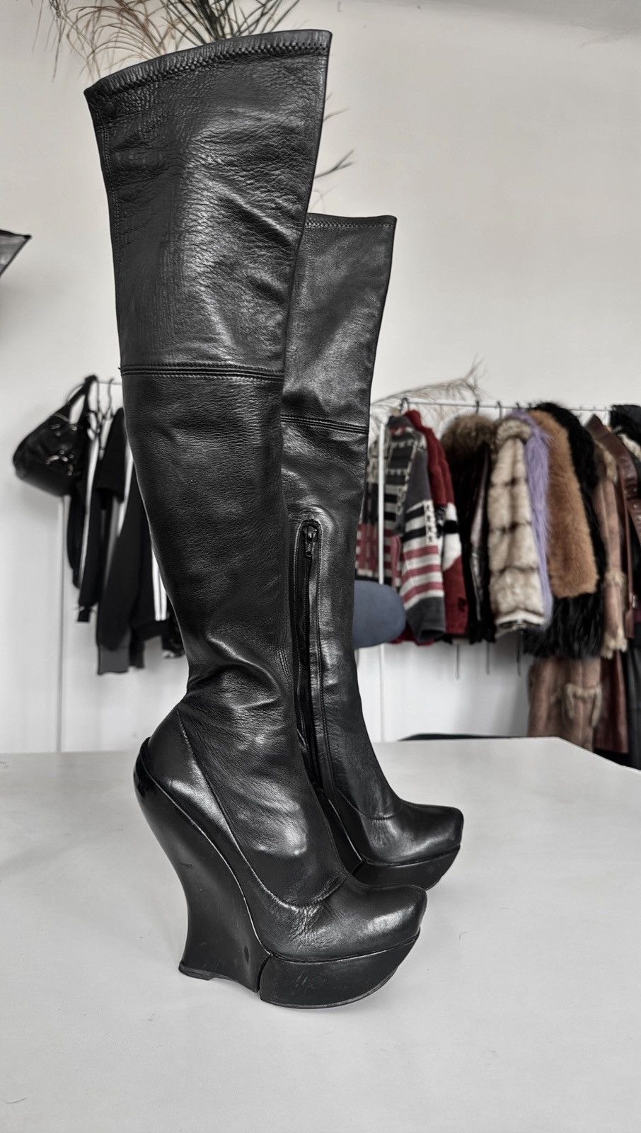 Celine Celine Black Leather Knee High Wedge Platform Boots Archive Size US 6 / IT 36 - 4 Thumbnail