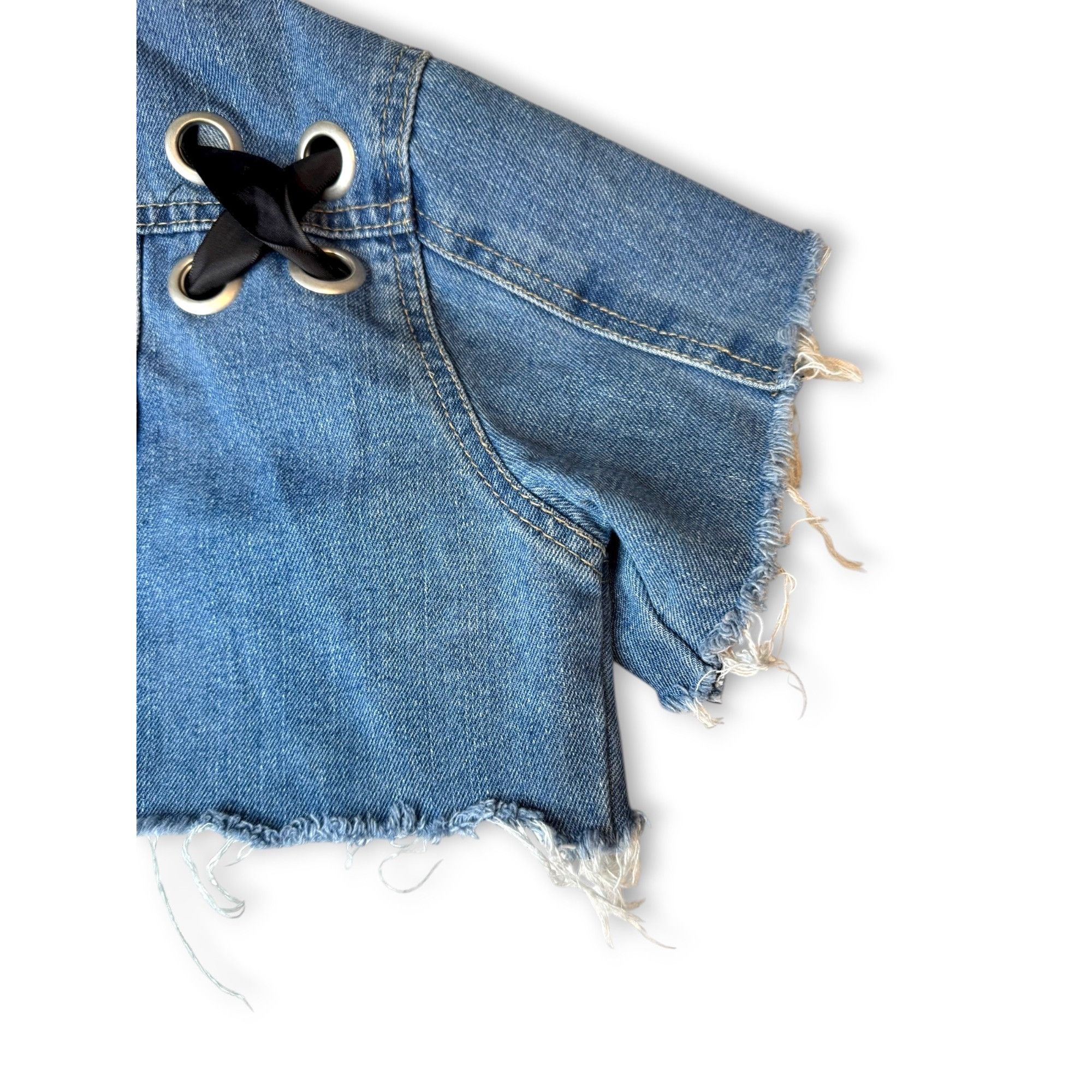 Almost Famous Crave Fame Denim Crop Jacket Distressed Hem Lace-Up Back Siz Size S / US 4 / IT 40 - 9 Thumbnail