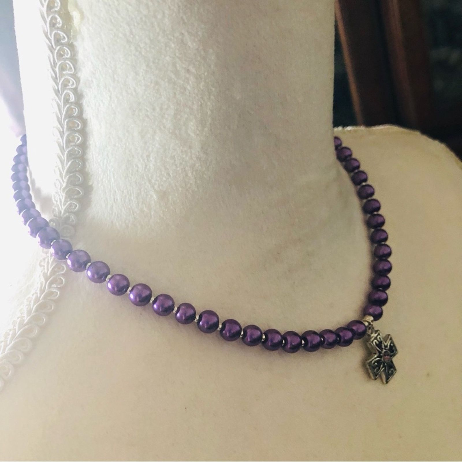 Handmade Handcrafted repurpose Maltese cross pendant Pearl necklace Size ONE SIZE - 3 Thumbnail