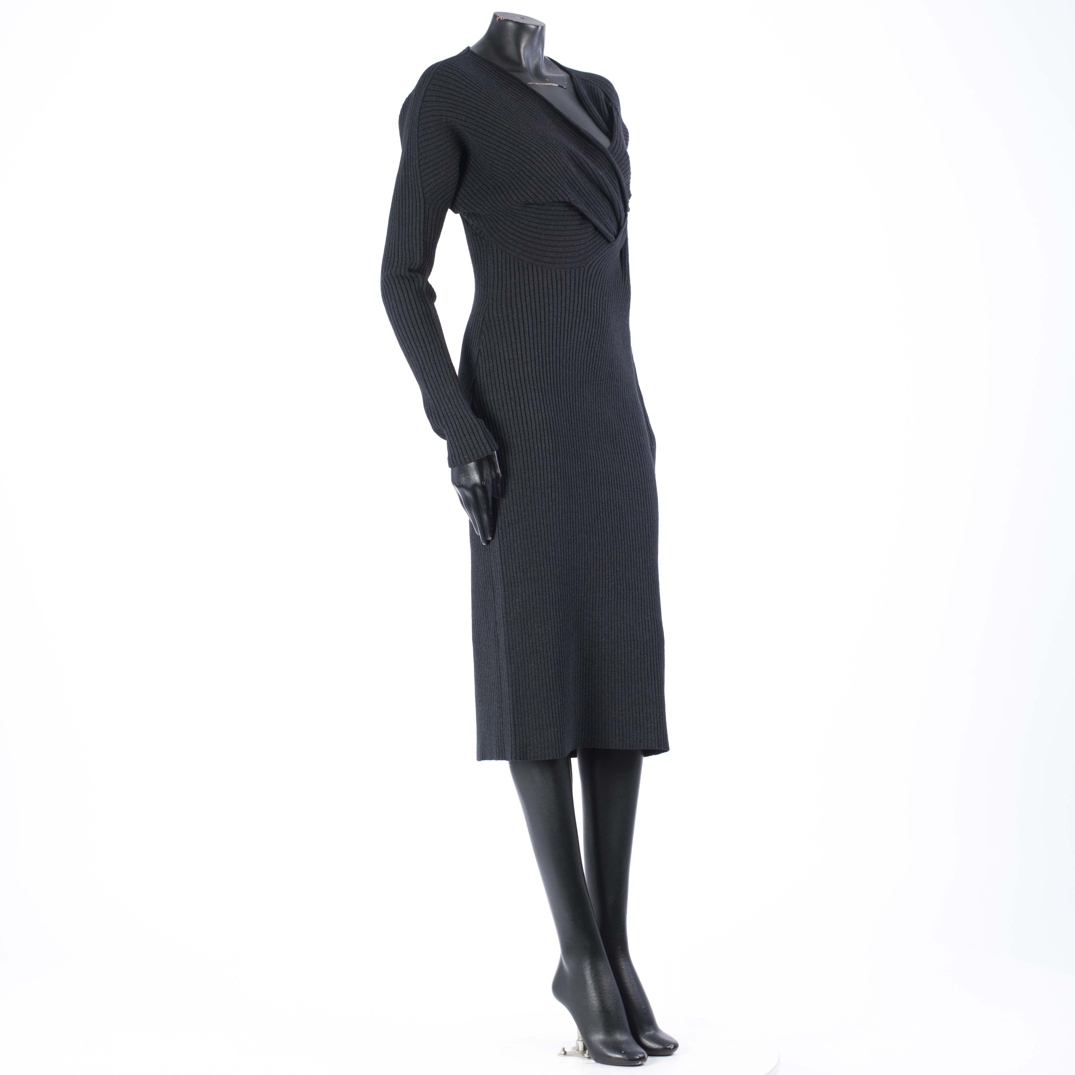 Bottega Veneta Knit Dress With Twisted Neckline In Black Silk & Wool Blend Size XS / US 0-2 / IT 36-38 - 8 Thumbnail
