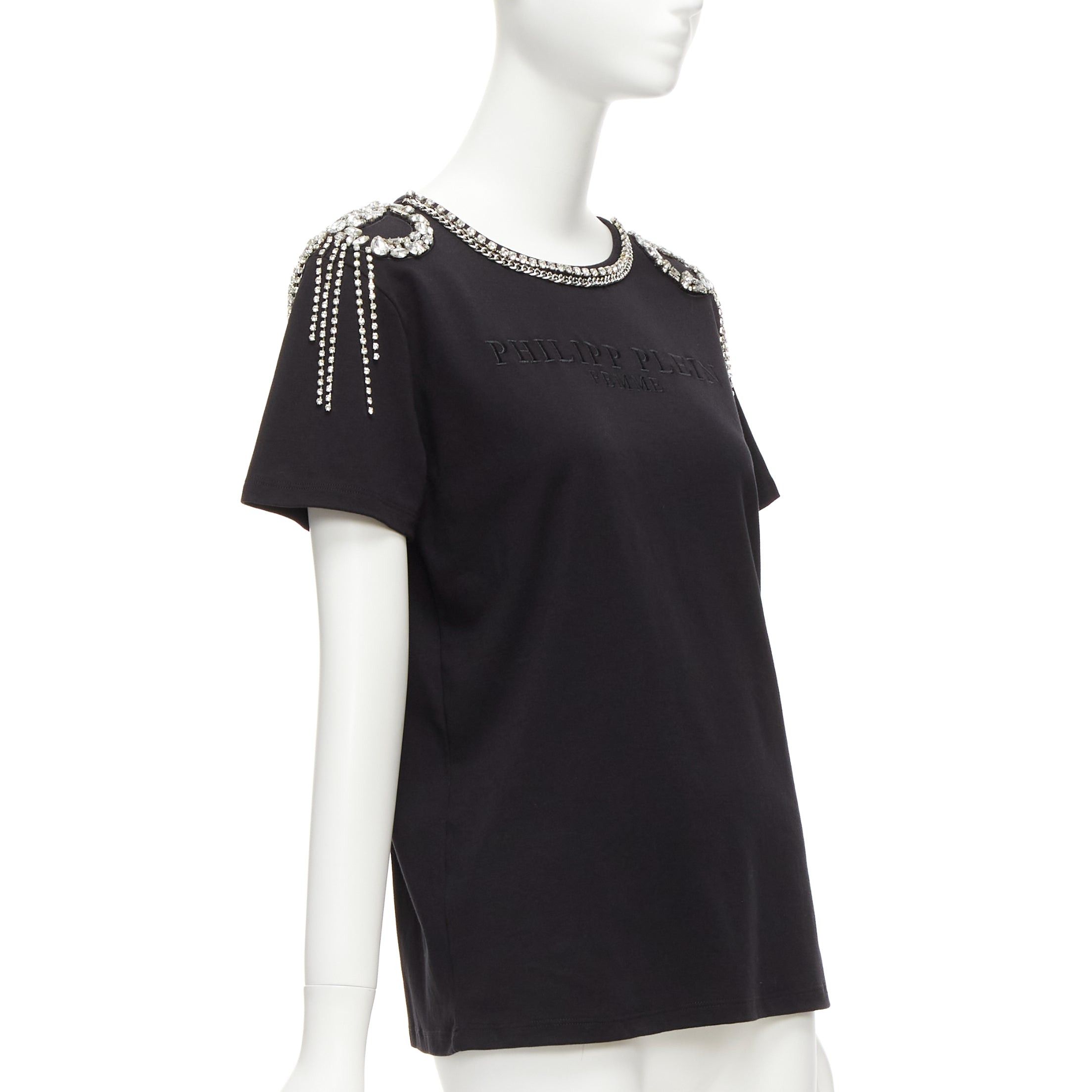 Philipp Plein PHILLIP PLEIN FEMME black logo embroidery clear crystal fringe embellished tshirt XS Size S / US 4 / IT 40 - 1 Thumbnail