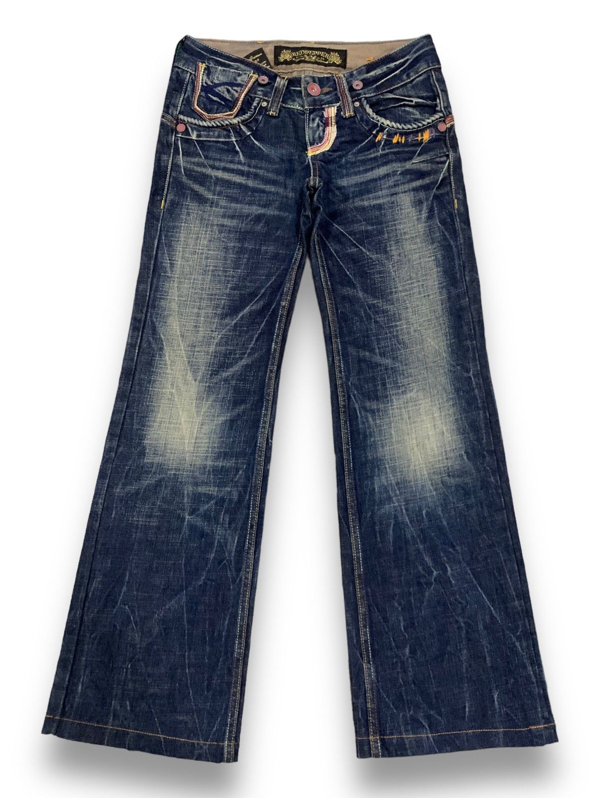 image of Distressed Denim x Ed Hardy Red Pepper Gold Label Blue Wash Flare Jeans, Women's (Size 27)