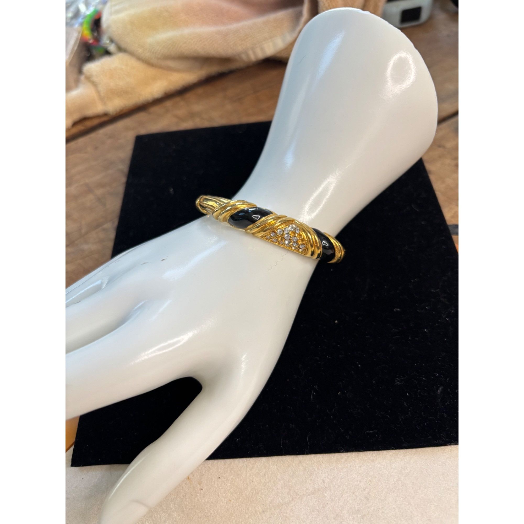Other Gold-Tone Hinged Bangle Bracelet With Black Enamel & Rhinest Size ONE SIZE - 7 Thumbnail