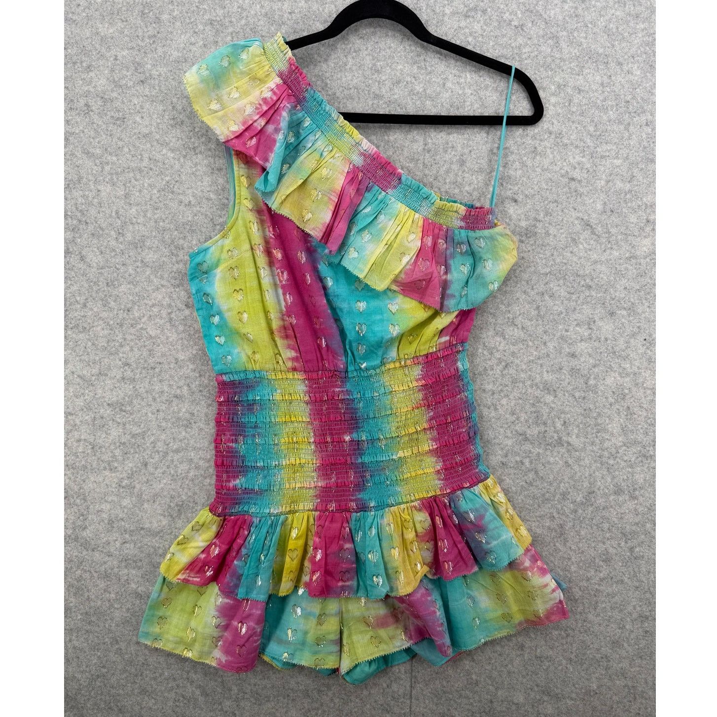 Saylor NWT Saylor Dorit Rainbow Tie Dye One Shoulder Ruffled Romper Size 30" / US 8 / IT 44 - 1 Thumbnail