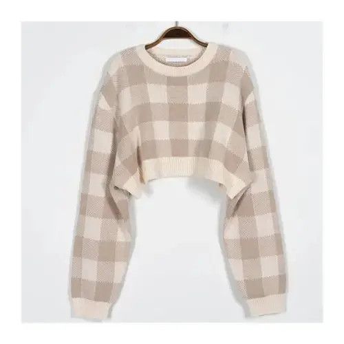 Japanese Brand × Vintage Women Checkerboard Crop Knit Sweater Size ONE SIZE - 3 Thumbnail