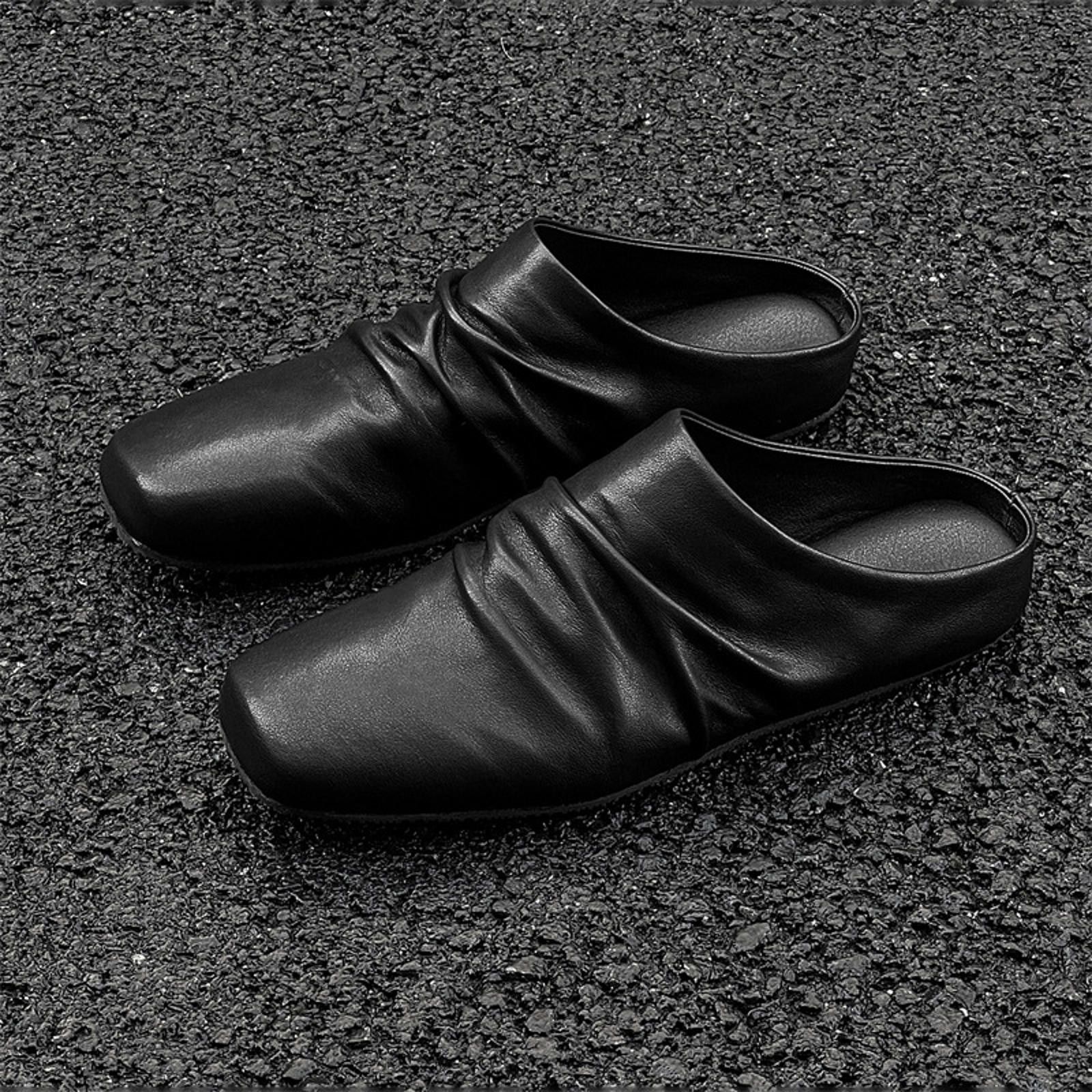 Black Genuine Leather Slouch Mules