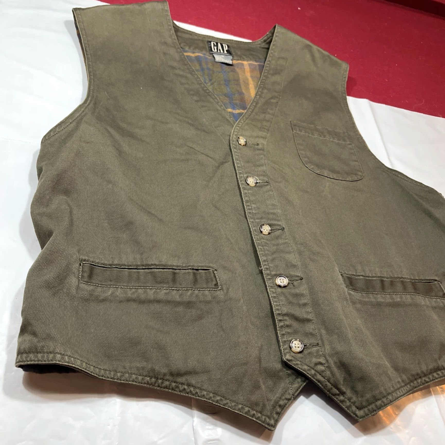Gap VINTAGE Gap Vest 90s Plaid Flannel Lined Army Green Canvas Men XL Cotton Back Strap Lined Waistcoat Size US XL / EU 56 / 4 - 3 Thumbnail