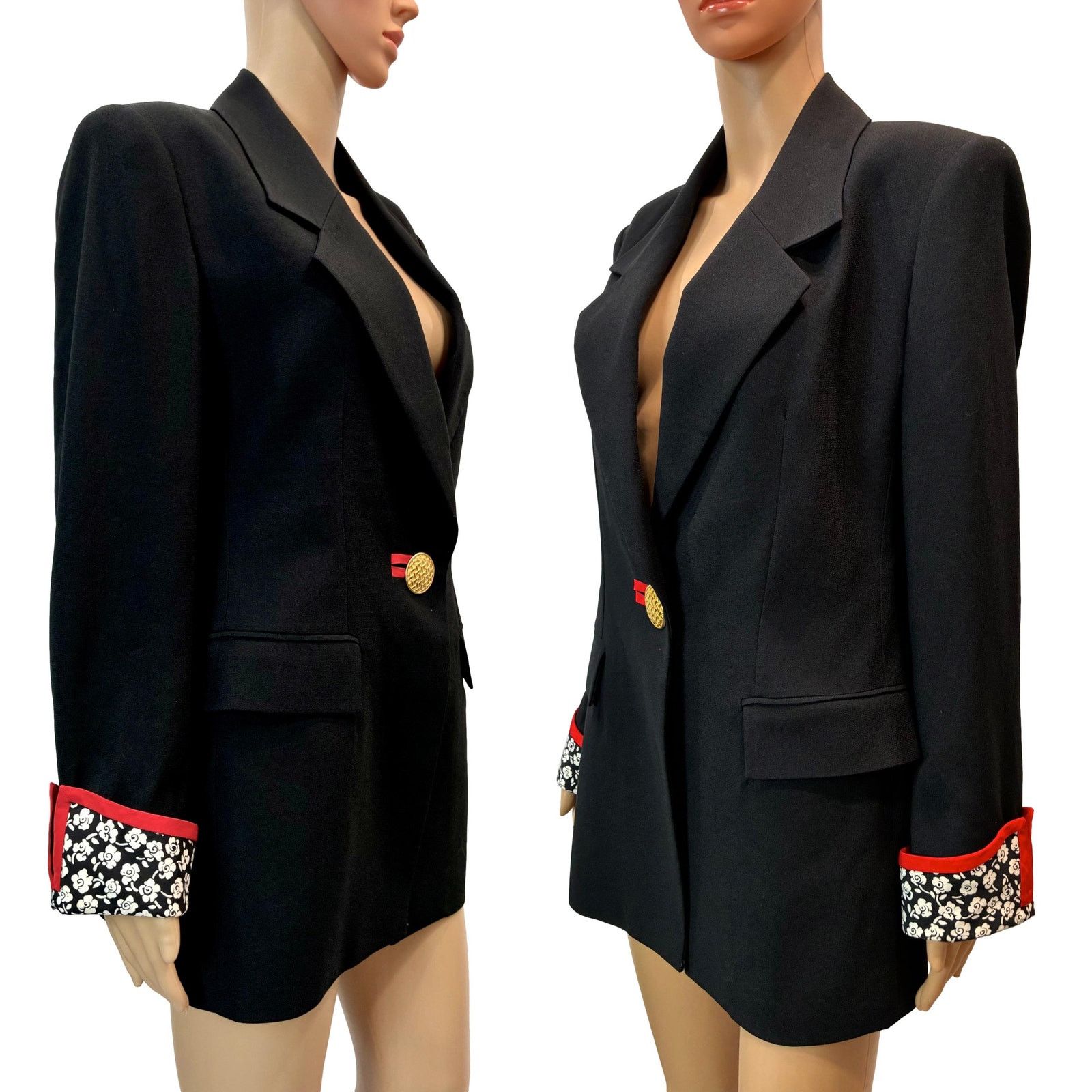 Vintage 90s Statment Blazer Black Red Trim Gold Button Floral Cuffs Size M / US 6-8 / IT 42-44 - 8 Thumbnail