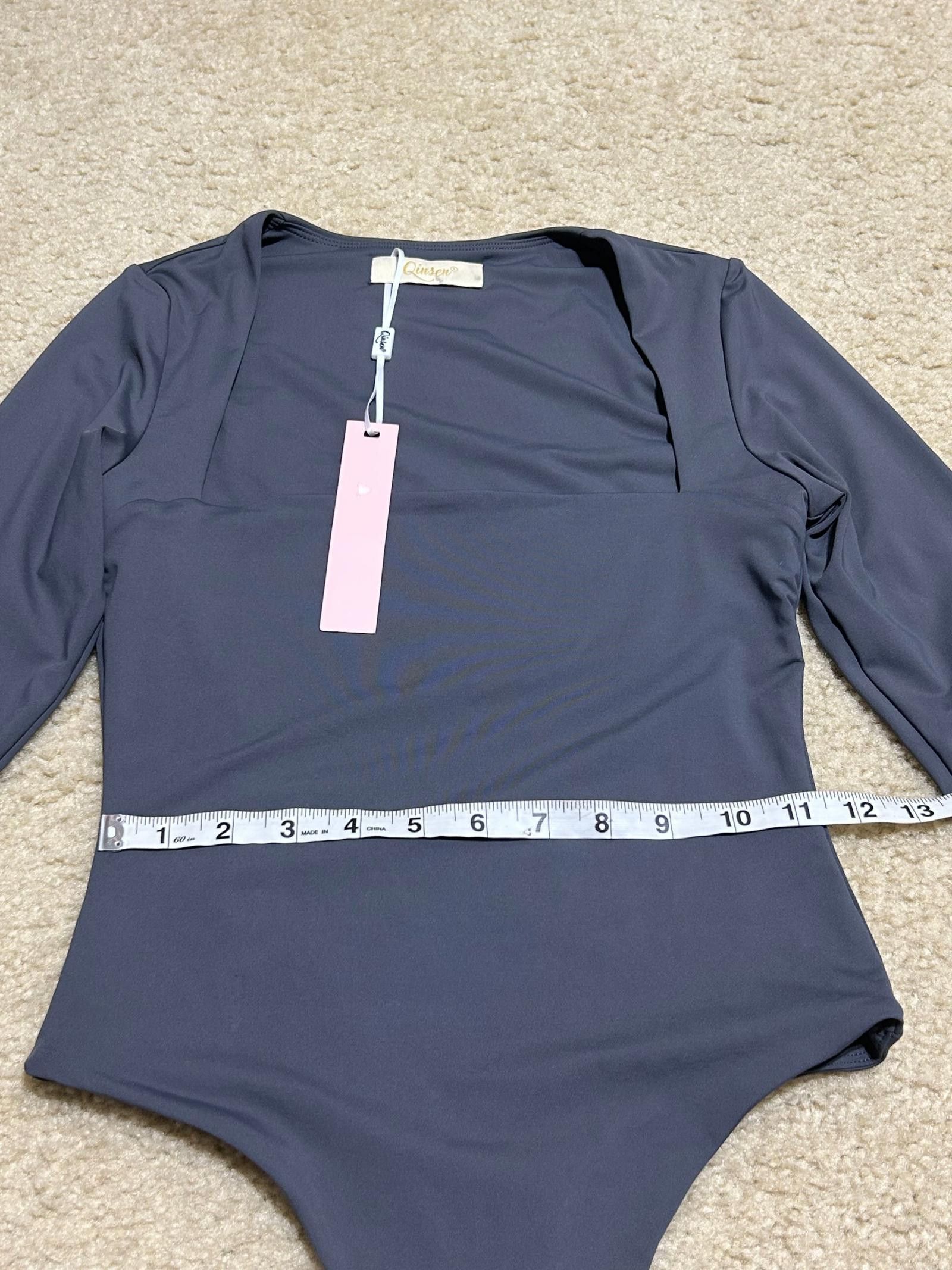 Designer Qinsen Long-Sleeve Square Neck Bodysuit, S, Charcoal Gray Size S / US 4 / IT 40 - 5 Thumbnail