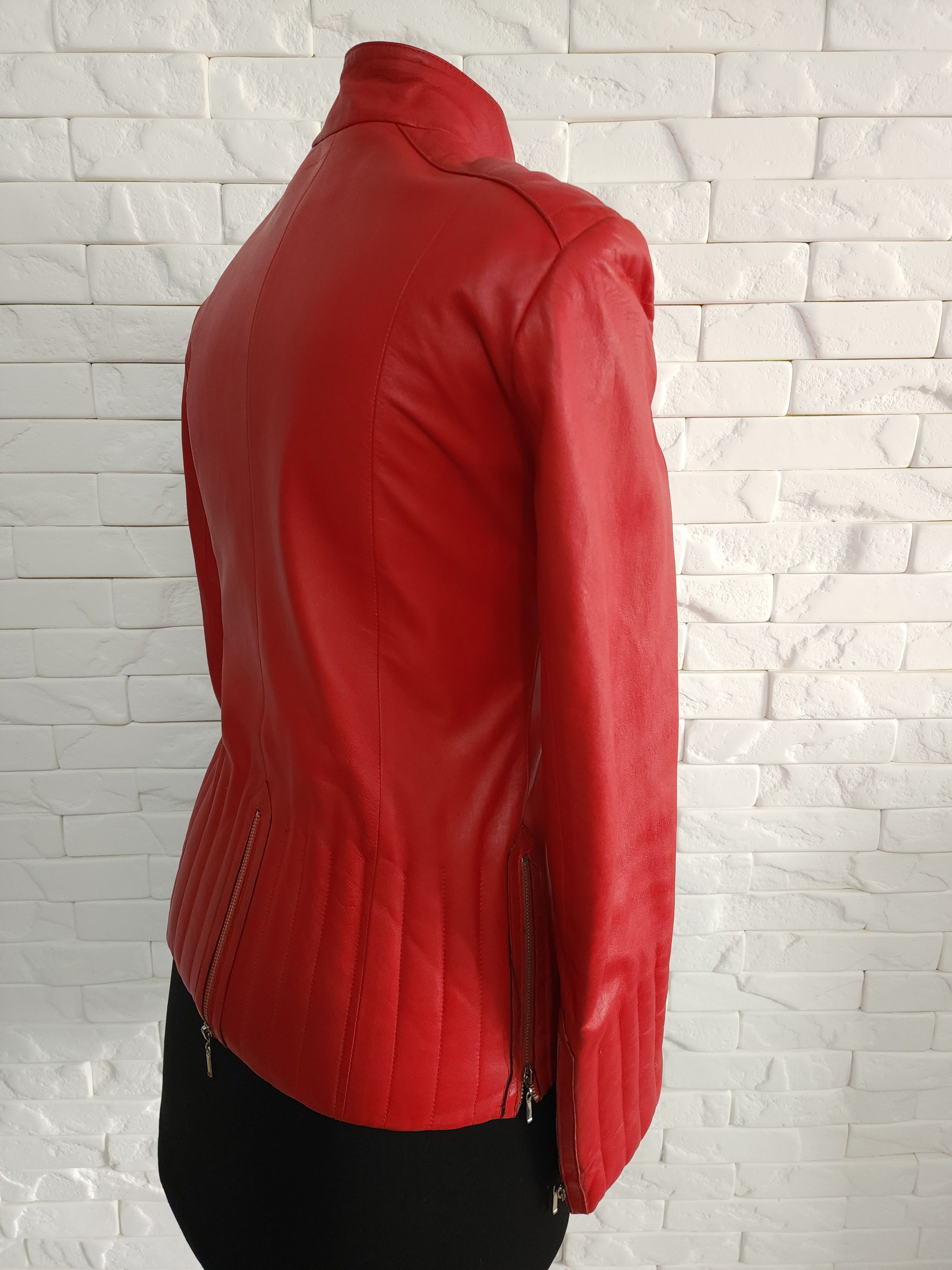 Genuine Leather Stylish women's red leather jacket with a metal zipper. Size M / US 6-8 / IT 42-44 - 4 Thumbnail