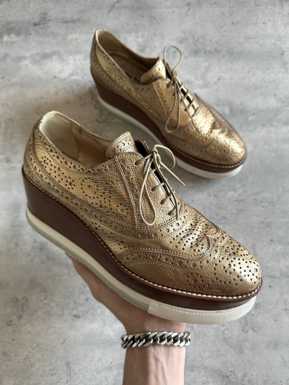 Miu Miu PLATFORM BROGUES (METALLIC GOLD) Size US 10.5 / IT 40.5 - 2 Thumbnail