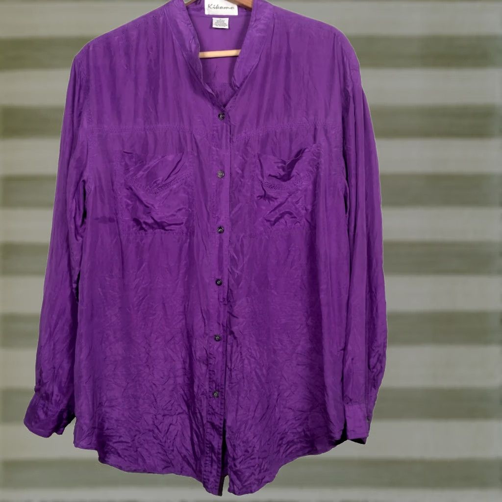Etro VINTAGE Kikomo Silk Blouse Large Purple Long Sleeve Button Up Casual Womens 1990s Retro Size L / US 10 / IT 46 - 1 Thumbnail