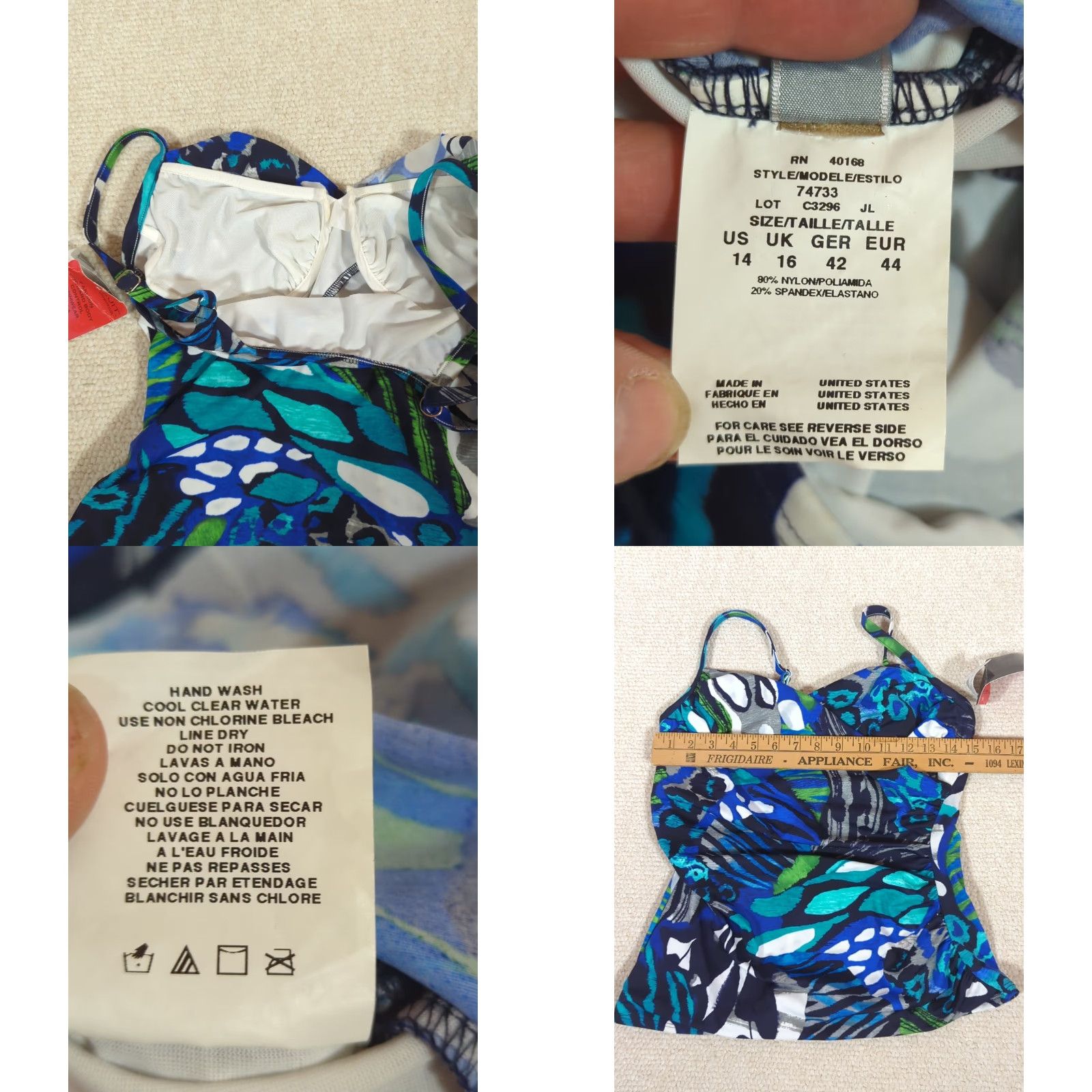 Vintage MAGICSUIT Arianna Tankini Crisscross Ruched Swim Top Sz 14 Colbolt Blue Multi Animal Print Built-In Bra Adjustable Strap Nylon Spandex Ladies Beach Size XL / US 12-14 / IT 48-50 - 8 Thumbnail