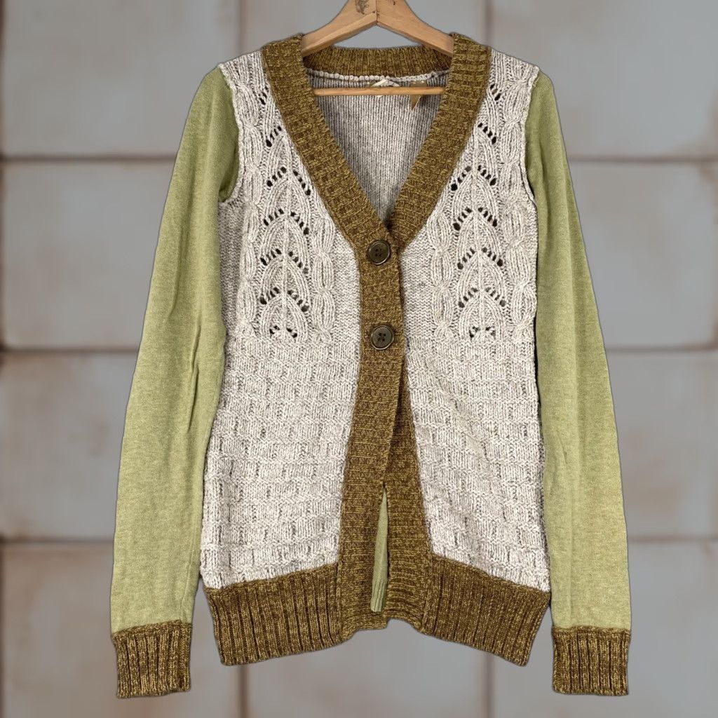 BKE BKE Cardigan Sweater Womens Medium Green Beige Pointelle Cable Knit Boho Y2K Shirt Adult M Green Womens Size M / US 6-8 / IT 42-44 - 1 Thumbnail