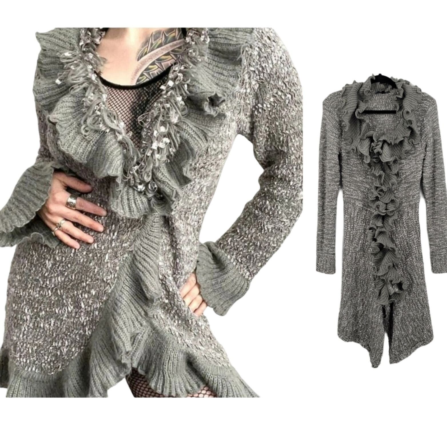 Vintage 90s Wool Ruffled Knit Cardigan Sweater Duster L Gray Fairy Size L / US 10 / IT 46 - 2 Thumbnail