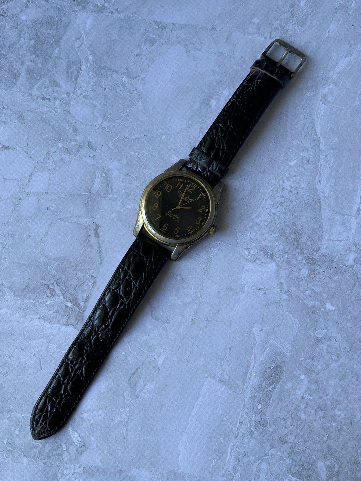 Jewelry x Vintage Omax Quartz Watch Japan Movt Leather Strap in Black, Men's