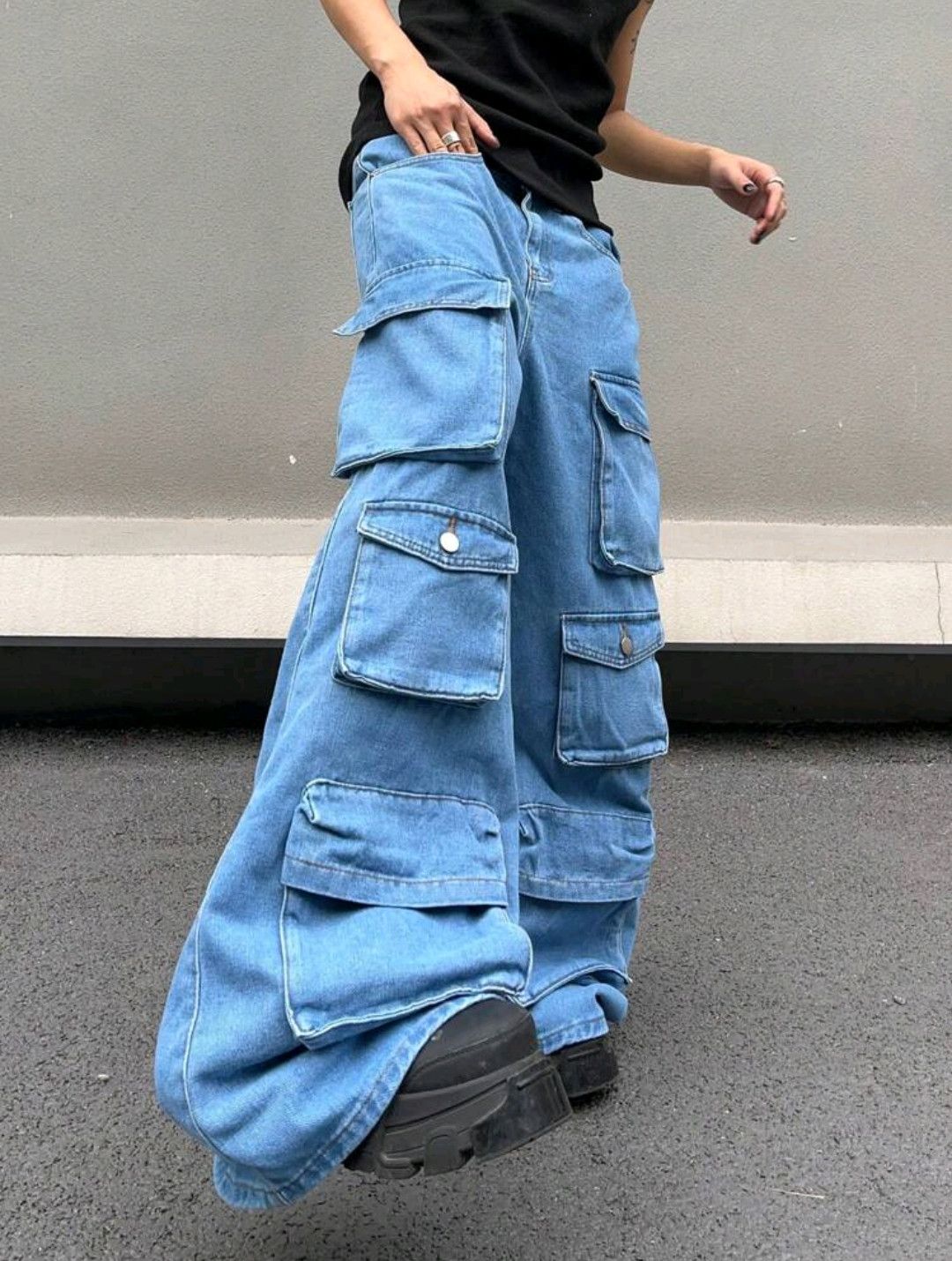Japanese Brand × Jean Loose Fit Cargo Pocket Jeans Oversize Long Washed Plain Y2K Size US 39 - 4 Thumbnail