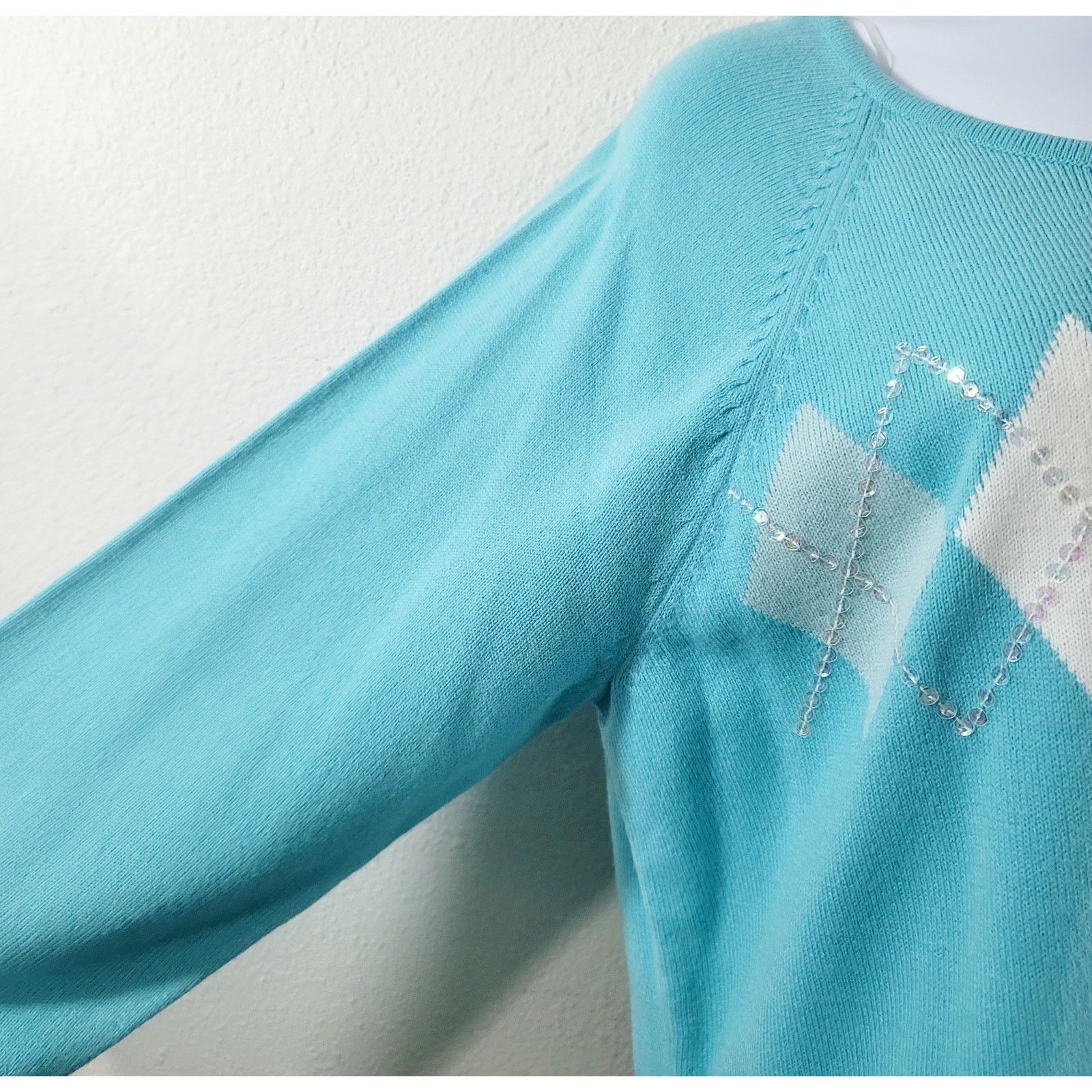 Other RQT Blue White Argyle Print Sequin Sweater Top XL Size XL / US 12-14 / IT 48-50 - 2 Thumbnail