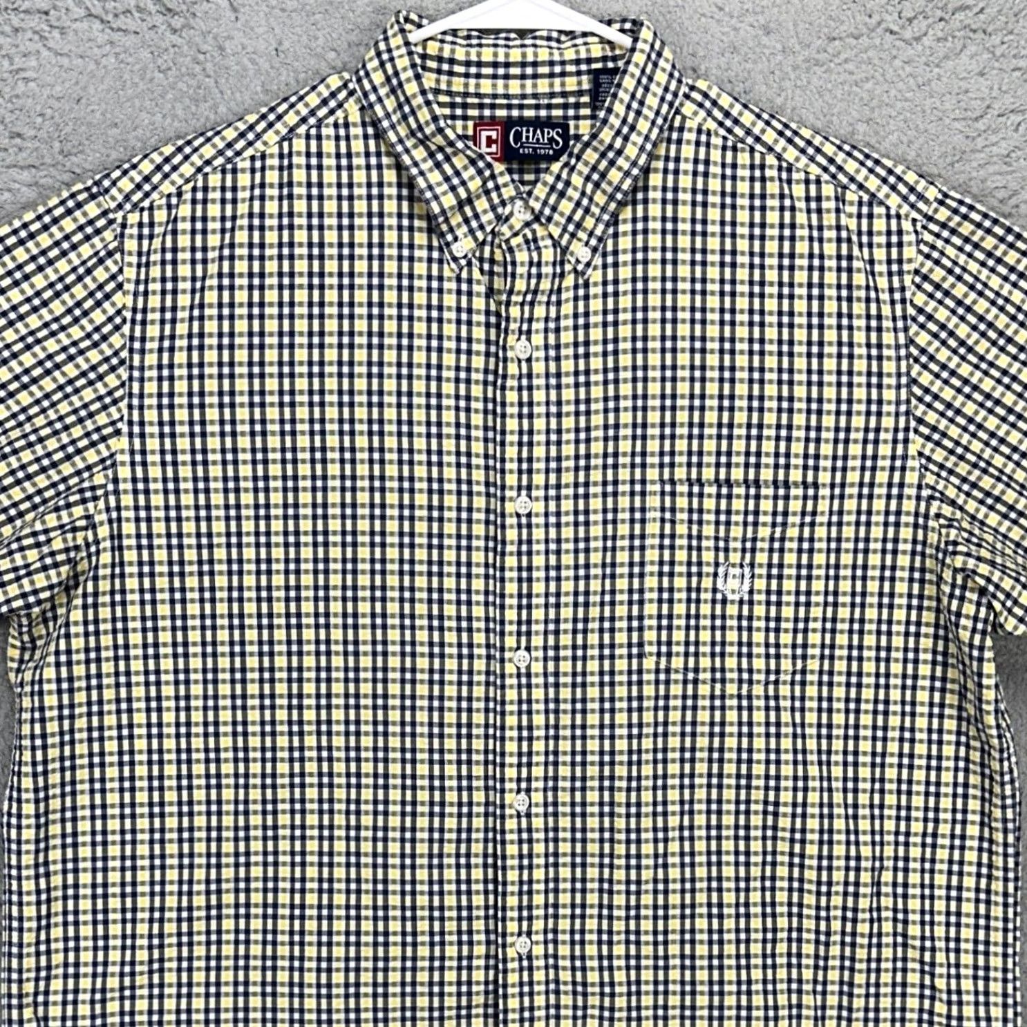 Chaps Chaps Button-Down Shirt 2XL Yellow Blue Plaid Seersucker Short Sleeve Pocket Mens Shirt Size US XXL / EU 58 / 5 - 2 Thumbnail