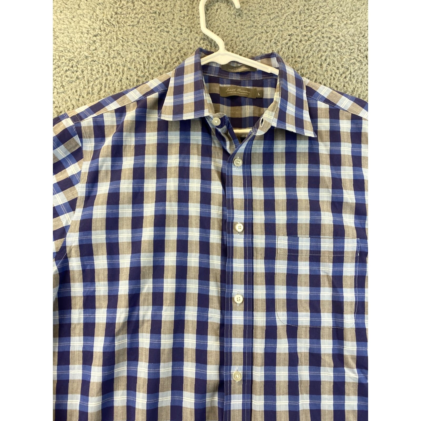 Cremieux VINTAGE Daniel Cremieux Dress Shirt Blue & Brown Check Geometric Cotton Long Sleeve Collared 16 Neck L Men’s/Business 79-11 Size 42R - 3 Thumbnail