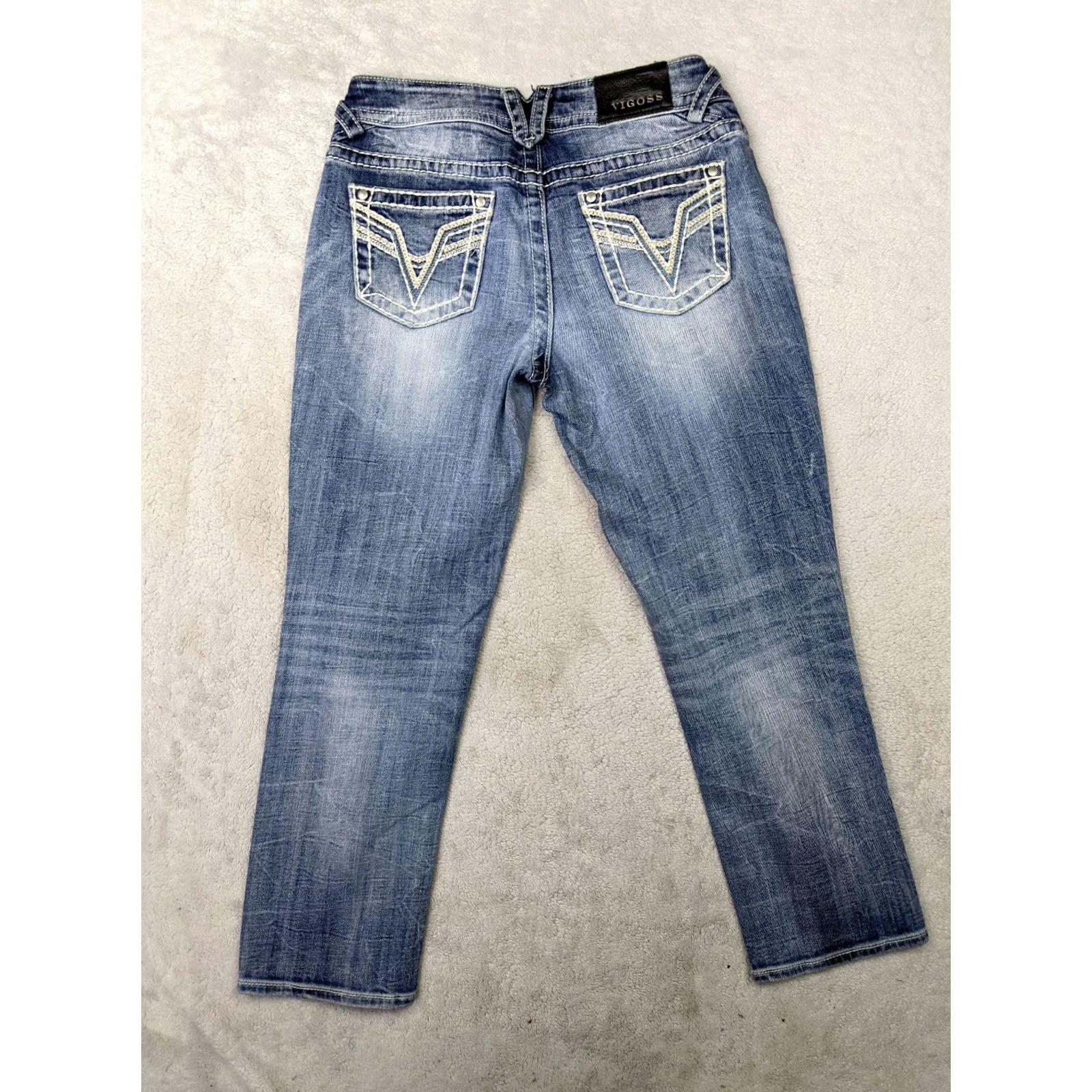 Vintage VIGOSS Chelsea Boyfriend Womens Jeans Low Rise Light Wash Blue 3 4 Thick Stitch Distressed Whiskered Stretch Button Zip Fly 26 Inseam XS? Wait Size 27" / US 4 / IT 40 - 6 Thumbnail