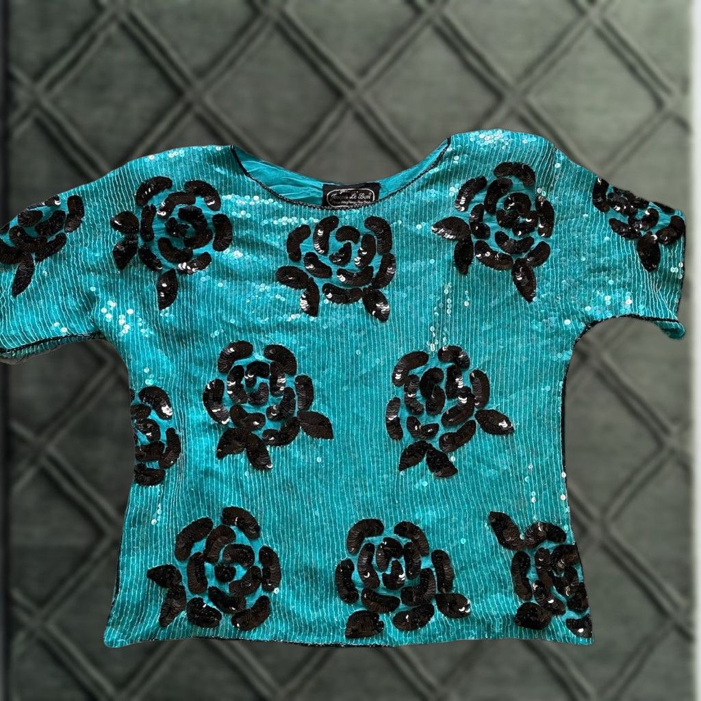 Joseph VINTAGE Joseph Le Bon Top Blouse Silk Sequin Turquoise Black Roses 80s 90s Party/Cocktail Women L Blue/Blue Mens Women Size L / US 10 / IT 46 - 1 Thumbnail
