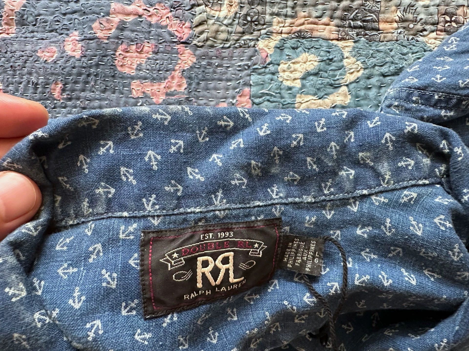 RRL Ralph Lauren RRL Indigo Dyed Anchor Distressed Linen-Cotton Shirt Size US L / EU 52-54 / 3 - 4 Thumbnail