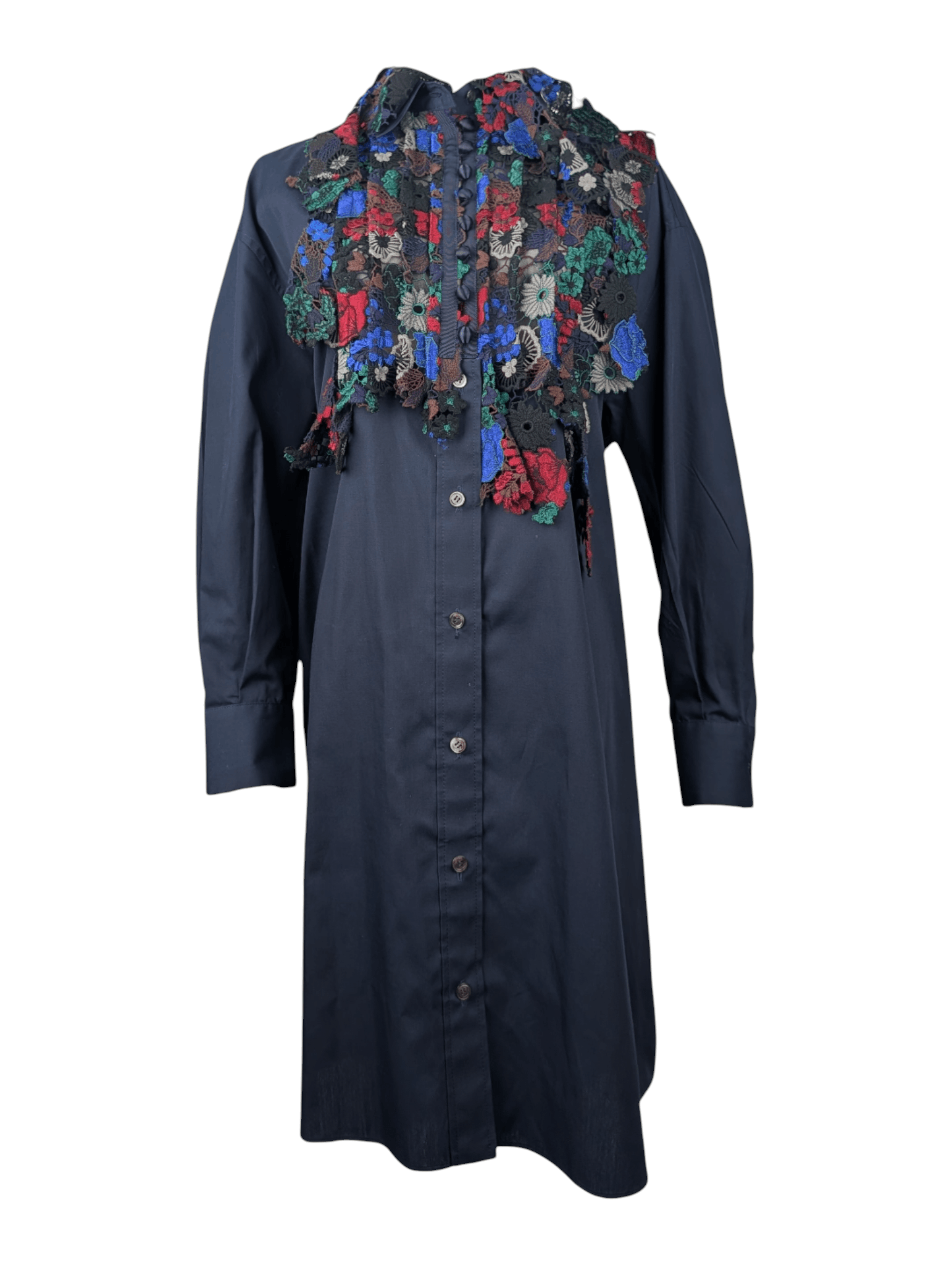 Sacai Sacai Navy Dress With Multi Color Cotton Floral Embroidery Size S / US 4 / IT 40 - 1 Thumbnail
