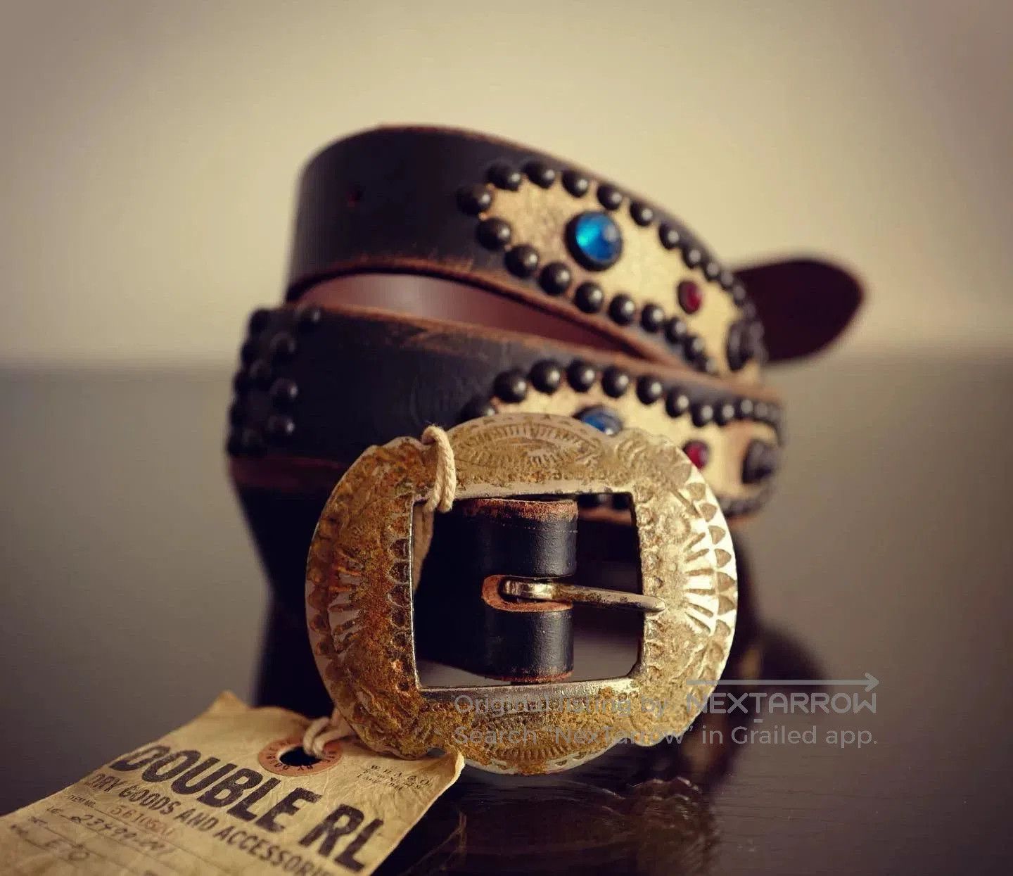 RRL Ralph Lauren Vintage Double RL Studded Leather Belt. Size ONE SIZE - 1 Thumbnail