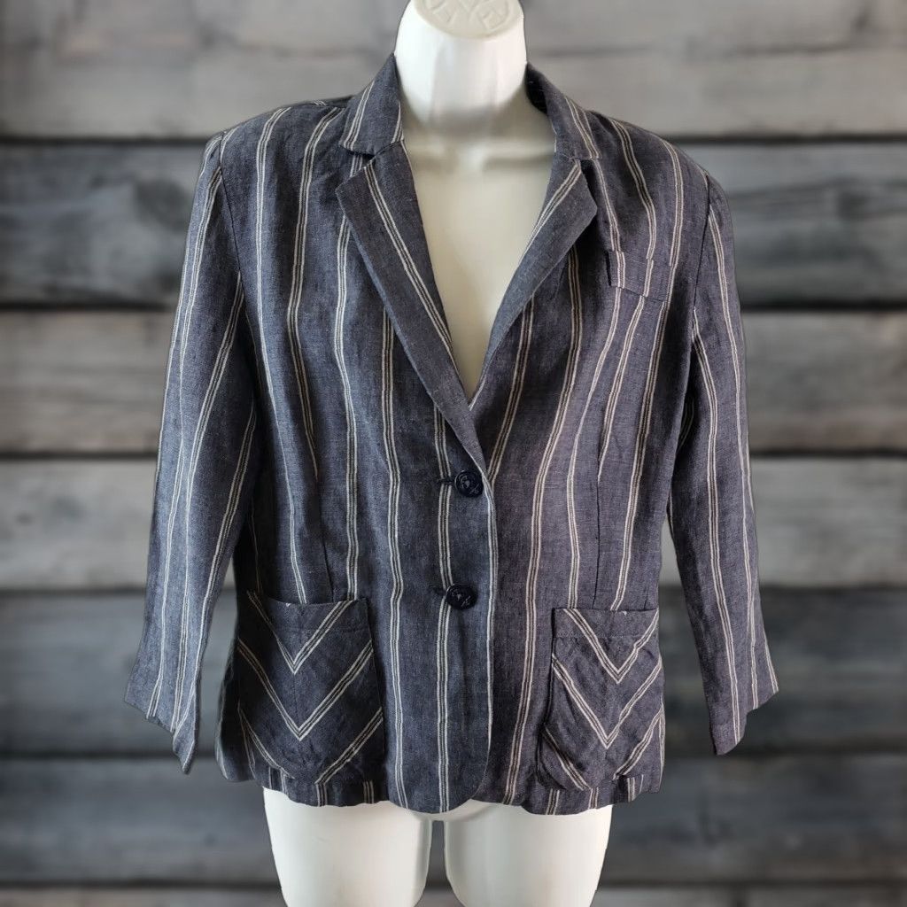 Vintage Cabi 871 Womens Blazer Sz 6 Blue Linen Striped 3/4 Sleeve Button Front Jacket Size M / US 6-8 / IT 42-44 - 1 Thumbnail