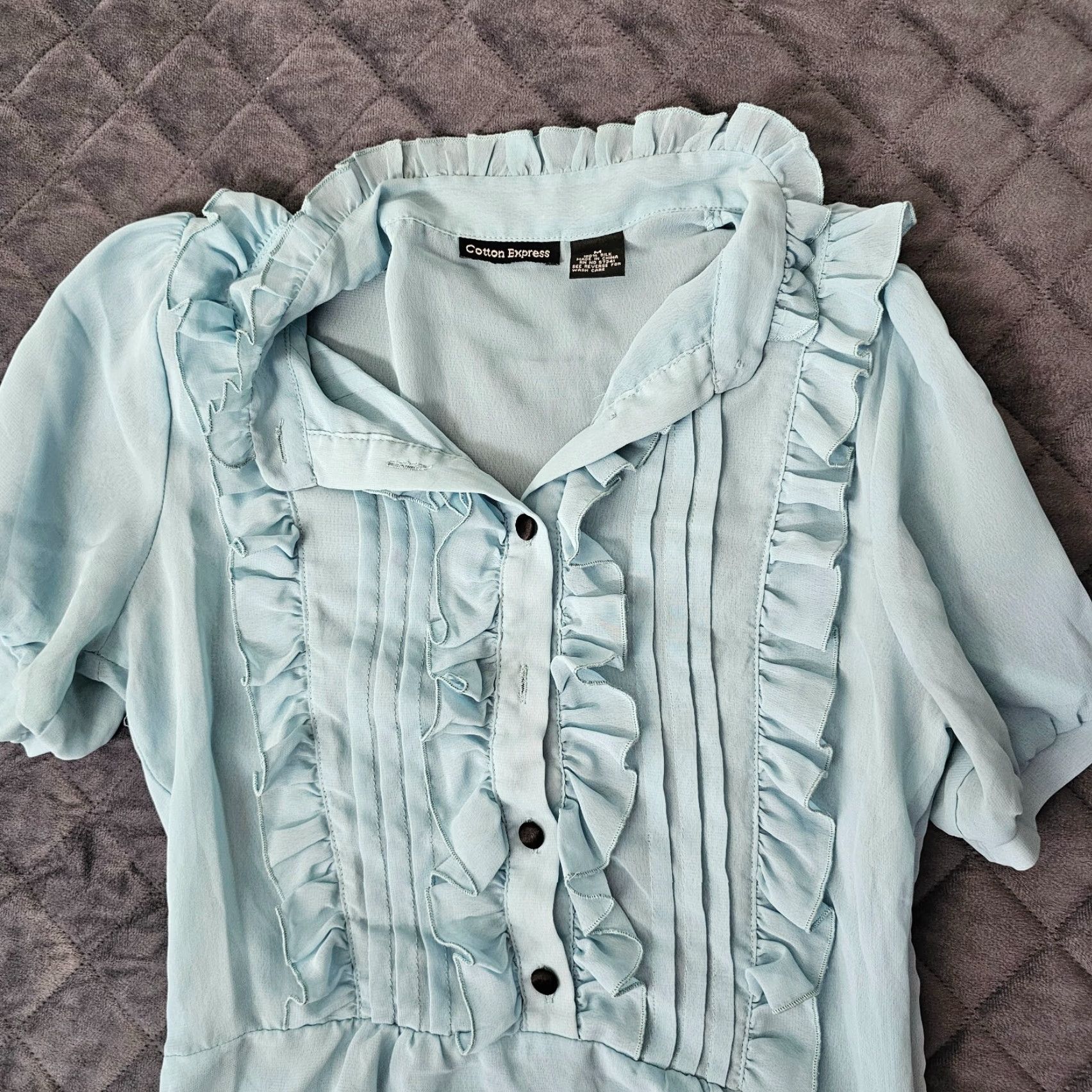 Express VINTAGE Cotton Express Blouse Button Shirt Blue Silk Ruffled Short Sleeve M 80s Womens Size M / US 6-8 / IT 42-44 - 3 Thumbnail
