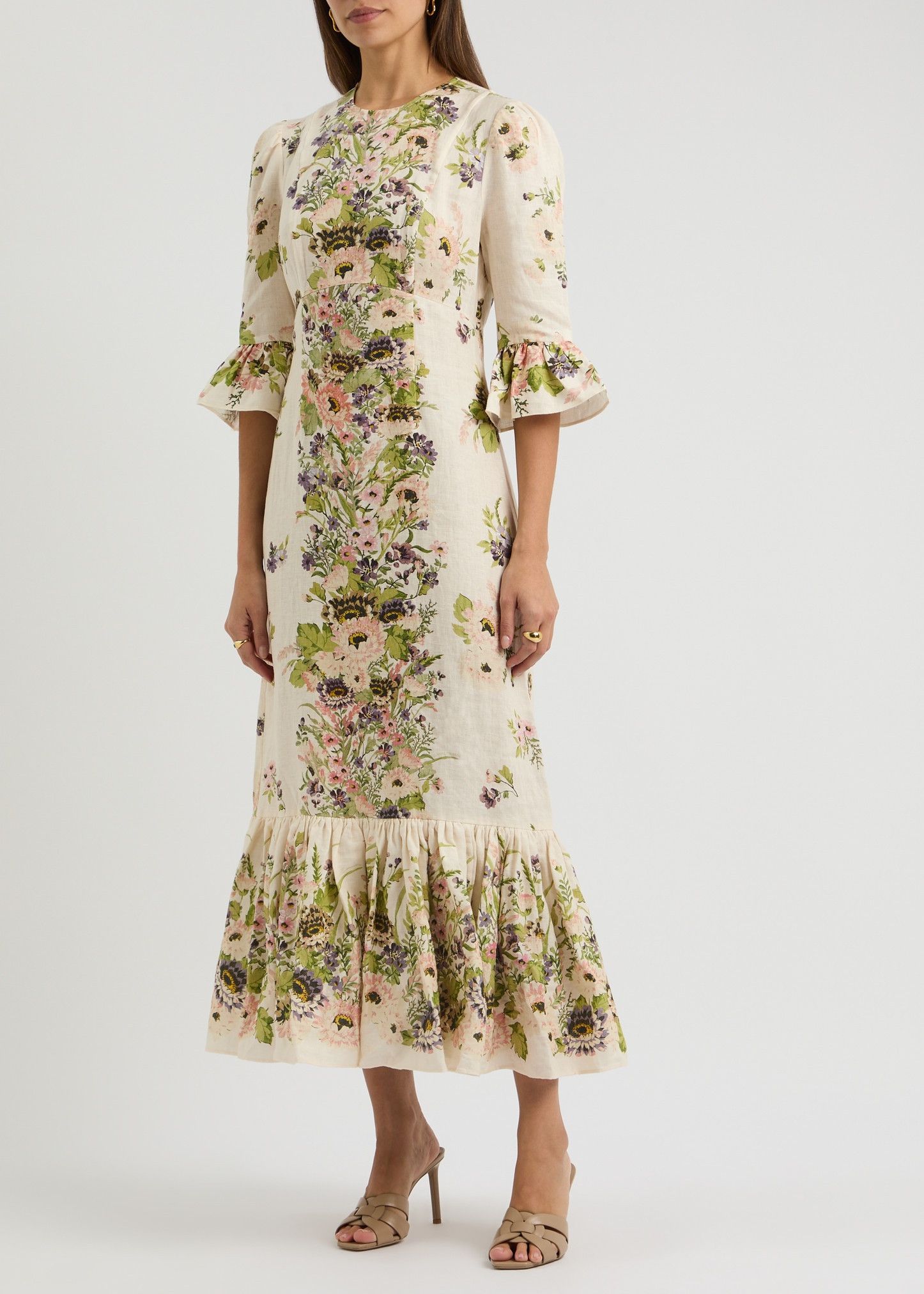 oc11z0625 Halliday Frill-Sleeve Midi-Dress in Multicolor
