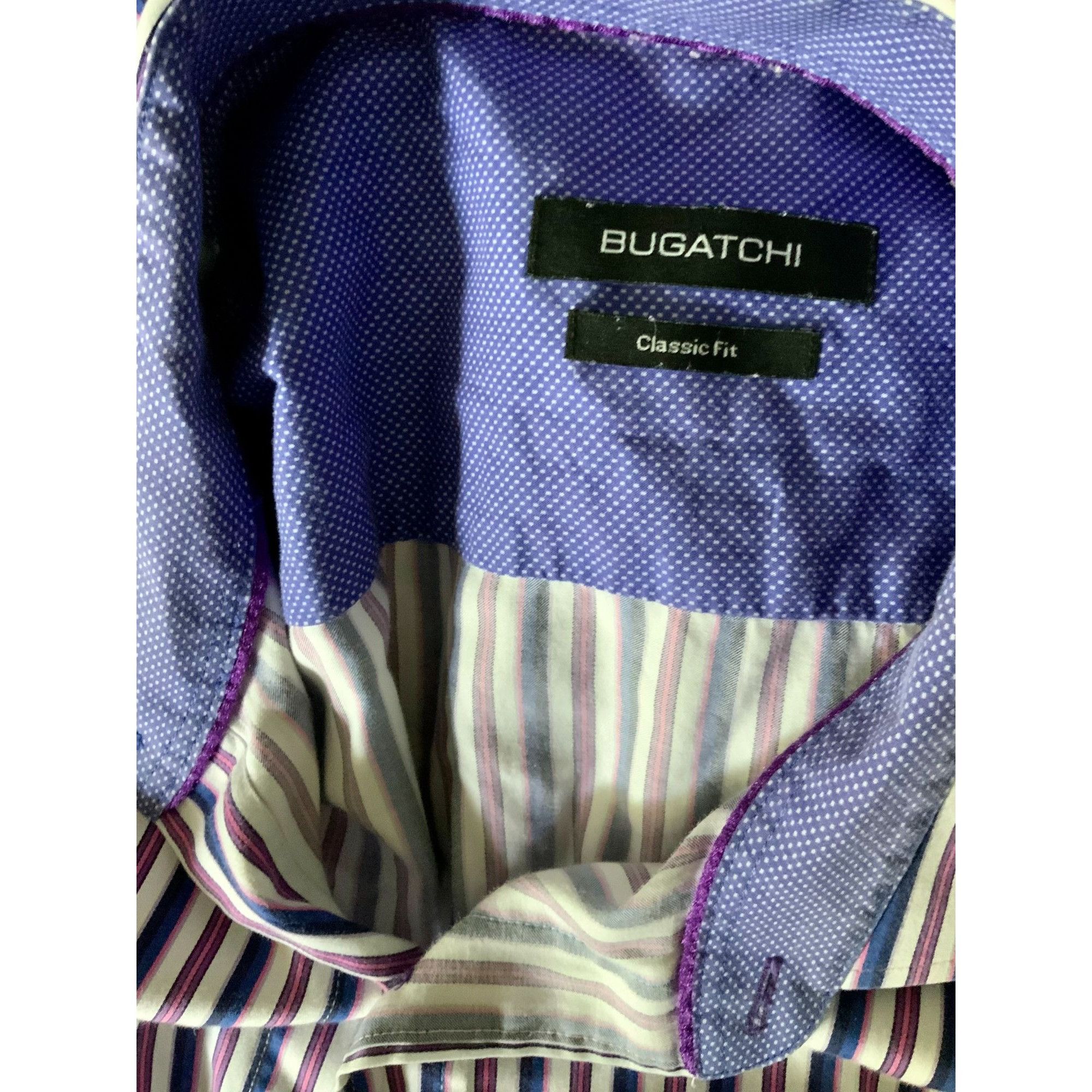 Bugatti Bugatchi Mens Cotton Classic Purple White Striped Shirt XL Size US XL / EU 56 / 4 - 6 Thumbnail